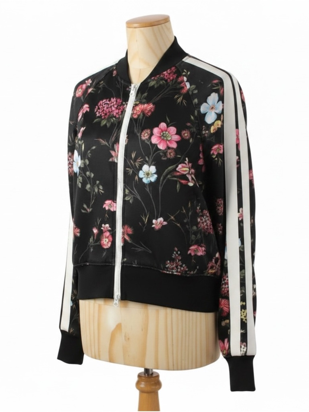 Pam & Gela Black Floral Bomber Jacket White Stripe | Size S